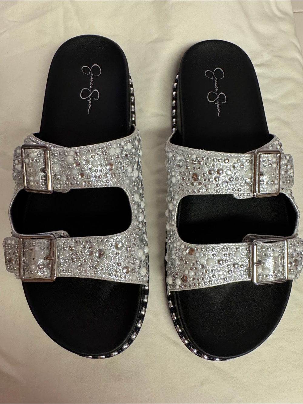Jessica Simpson Silver Crystal Double-Buckle Slide Sandals